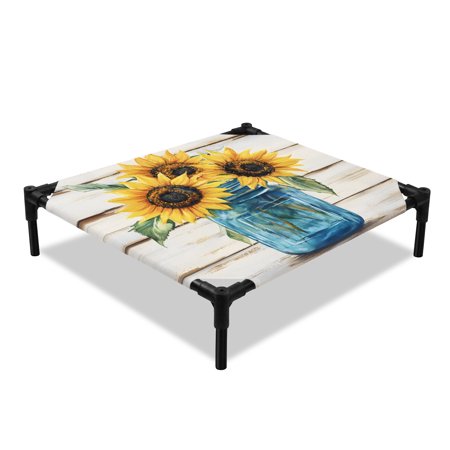 Country Sunflower Elevated Dog Bed Watercolor Yellow Flower Wood Grain Cooling Breathable Outdoor Raised Dog Cot Bed with Metal Frame Non-Slip Feet for Small Dog 20x20in