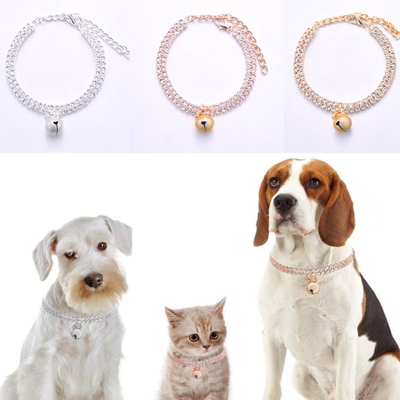rygai Pet Necklace Elegant Exquisite Shiny Pet Cat Dog Double Row Rhinestones Collar Pet Supplies,Golden