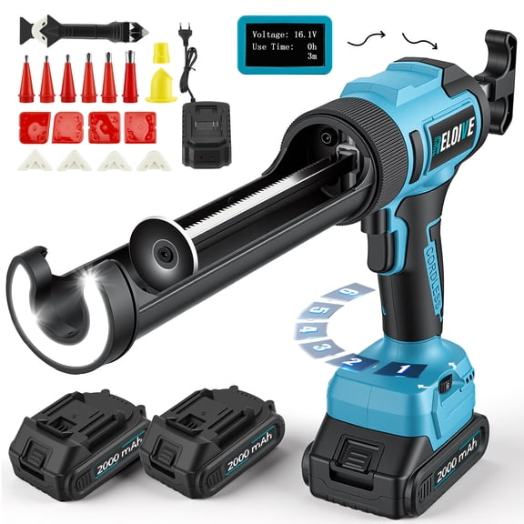 RELOIVE Cordless Caulking Gun,Electric Caulk Gun with 2x 2.0Ah Batteries, 6-Speed, LED Light, 17Pcs Caulk Remover Tool,Anti‑drip Auto Retract for Filling,Sealing,Blue