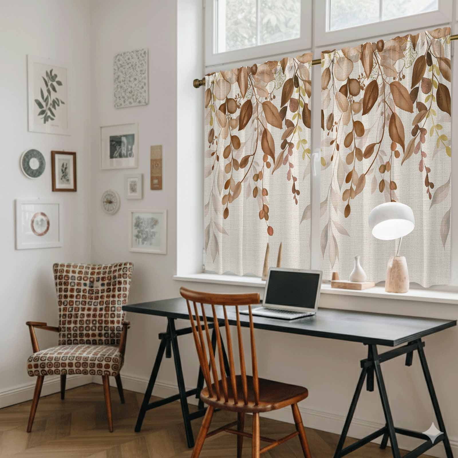 Brown Orange Eucalyptus Kitchen Curtains 54 Inch Length, Farmhouse Weeping Leaves Linen Tiers Curtains for Bathroom Bedroom Cafe, Light Filtering Small Window Treatment Drapes 2 Panels 42"Wx54"L