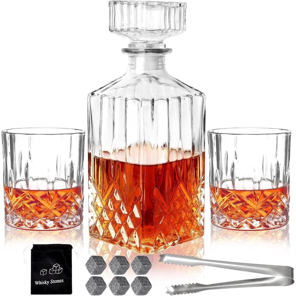 Whiskey Decanter Set for Men, 2pcs Whiskey Glass Cups and 1pcs Glass Decanter with Cooling Stones Clear Whisky Liquor Bottle for Whiskey Bourbon Rum Men Fathers'Gift