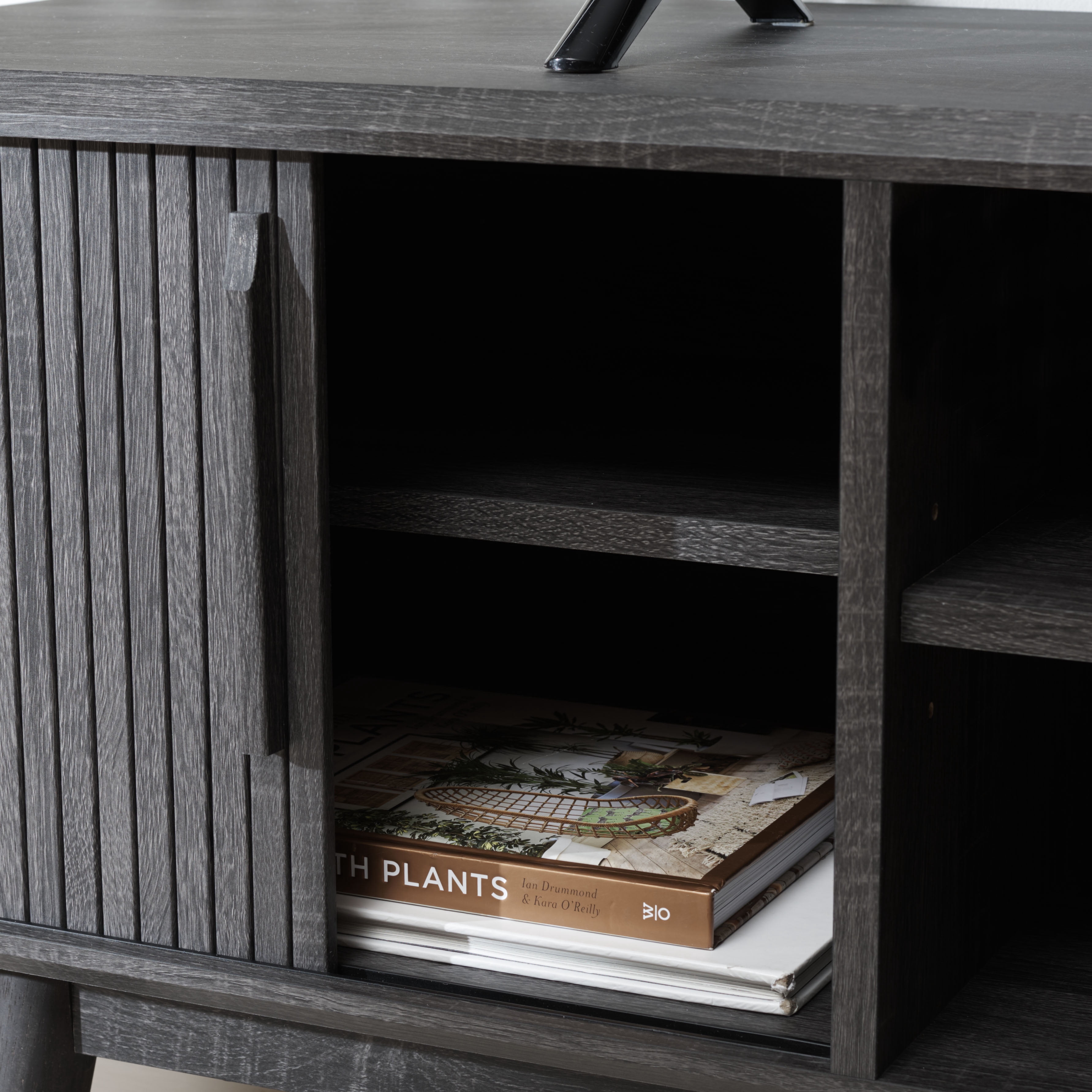 SAFAVIEH Aphra 2 Door 2 Shelf Media Stand, Distressed Black (59 in. W x 15.4 in. D x 21.9 in. H)