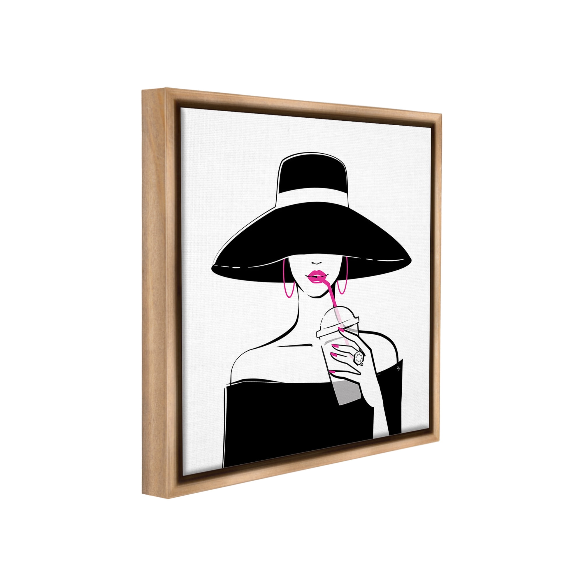 Stupell Industries Glam Girl & Iced Coffee Food & Beverage Painting Brown Floater Framed Canvas Art Print Wall Art, 18 x 18