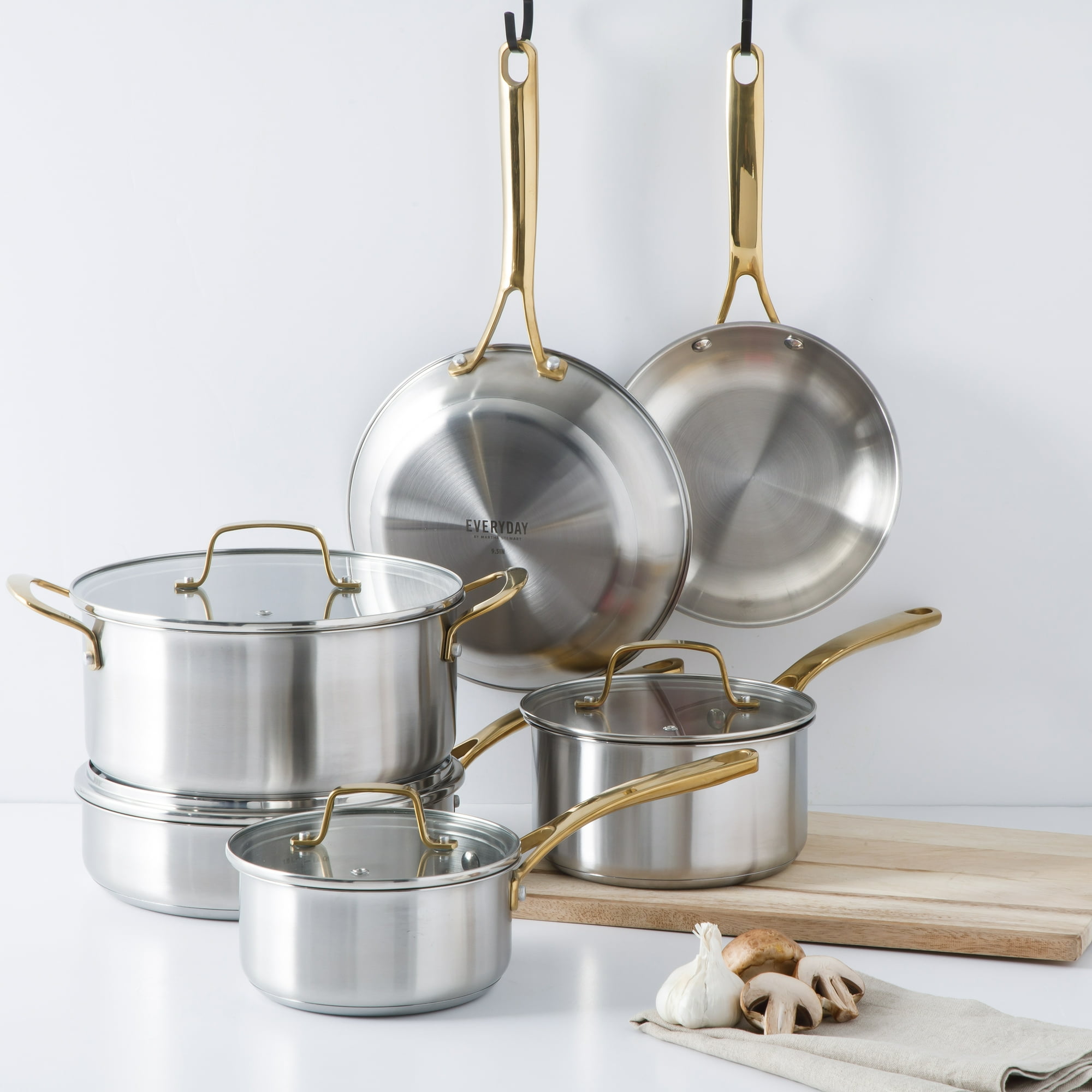 Martha Stewart Midvale 10-Piece Stainless Steel Pots and Pans Cookware Set with Gold Handles