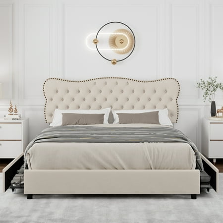 Homfa Beige King Bed Frame with Drawer  Linen Upholstered Storage Platform Bed Frame with Button Tufted Headboard  Noise Free