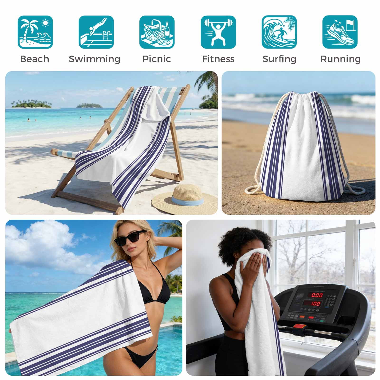 Beach Towel Bag 2 in 1 Blue Stripes Bath Pool Towels Backpack Simple Style Absorbent Beach Towel Soft Quick Dry Lightweight Packable Towels Drawstring Bag for Travel Camping Sports Yoga Gym Picnic