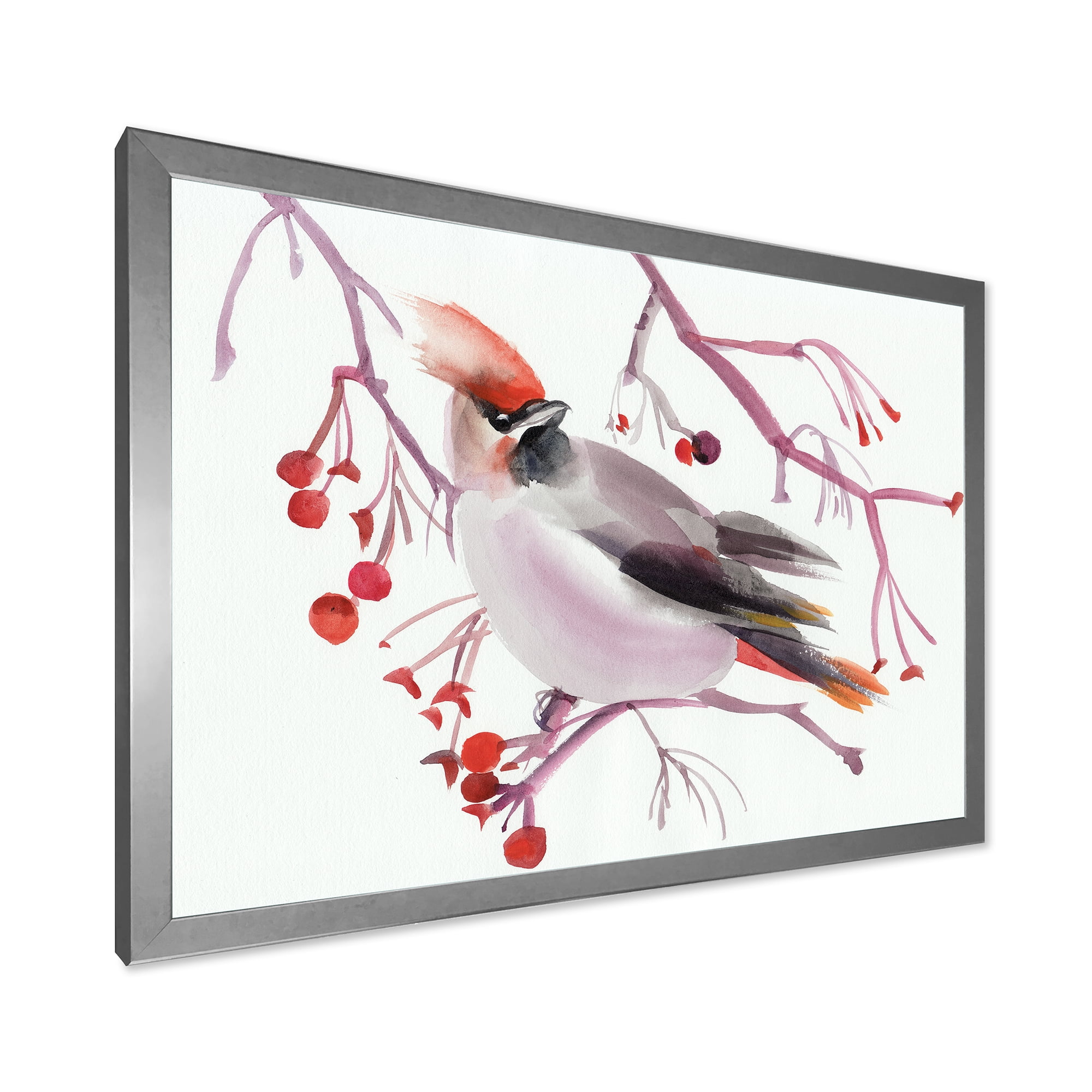 Designart 'Waxwing Bird Sitting On A Branch' Traditional Framed Art Print