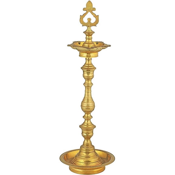 Pink-Lotus South Indian Puja Lamp (Valakku) - Brass Statue