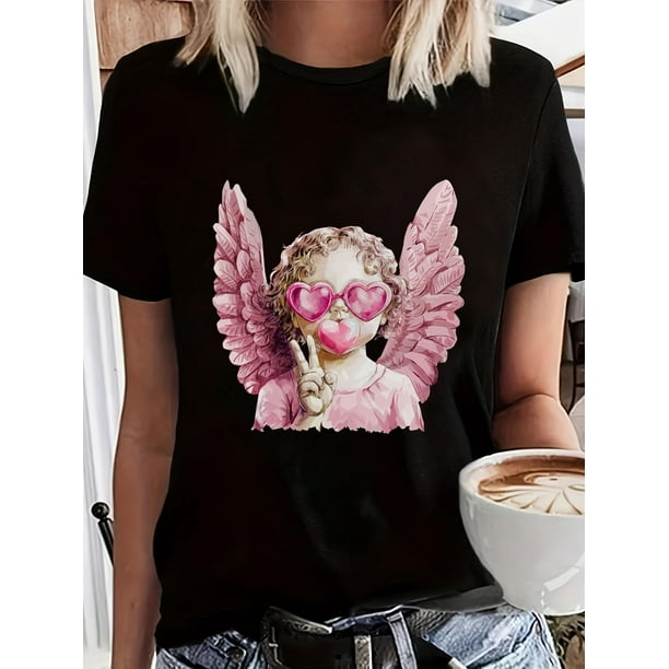 Camiseta con estampado de ángel de amor y Cupido para San Valentín para mujer: suave, de manga corta y cuello redondo, informal, para adultos, hombres, mujeres, adolescentes, jóvenes.
