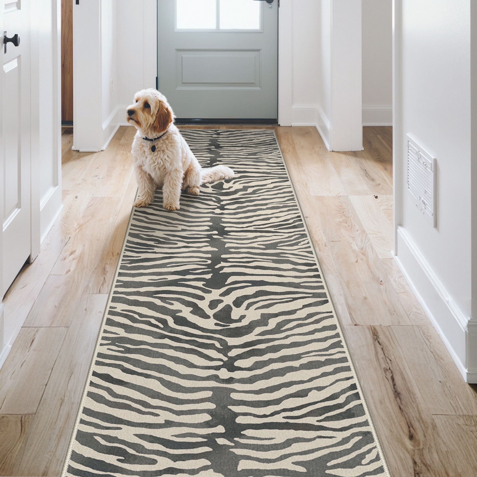 KUETH 2.5x10 Zebra Runner Rug Machine Washable, Kitchen Runner Rug for Floor and Hallway, Non Slip Flat Pile Area Rug with Rubber Backing for Entryway Bathroom Bedroom Laundry