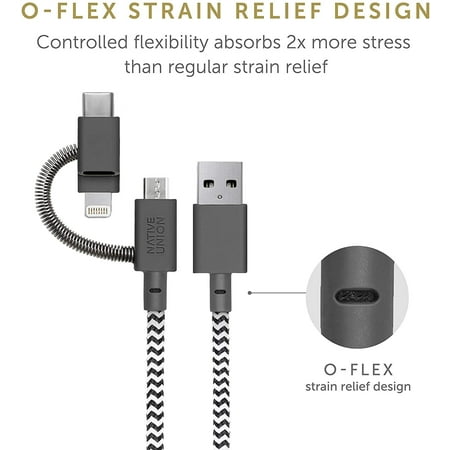 Native Union Belt Cable Universal - 6.5ft USB-C Charging Cable 3-in-1 Adaptor (Zebra)