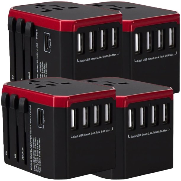 Adaptadores de Enchufe TravelXpertRed 4Pzas 100-240V 50-60Hz 5V 5.6A EU/UK/USA/ AUS Negro/Rojo.