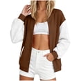 thumbnail image 2 of IUYRTFE Women's Color Block Varsity Bomber Jacket Button Down Long Sleeve Casual Baseball Coat with Pockets, 2 of 6