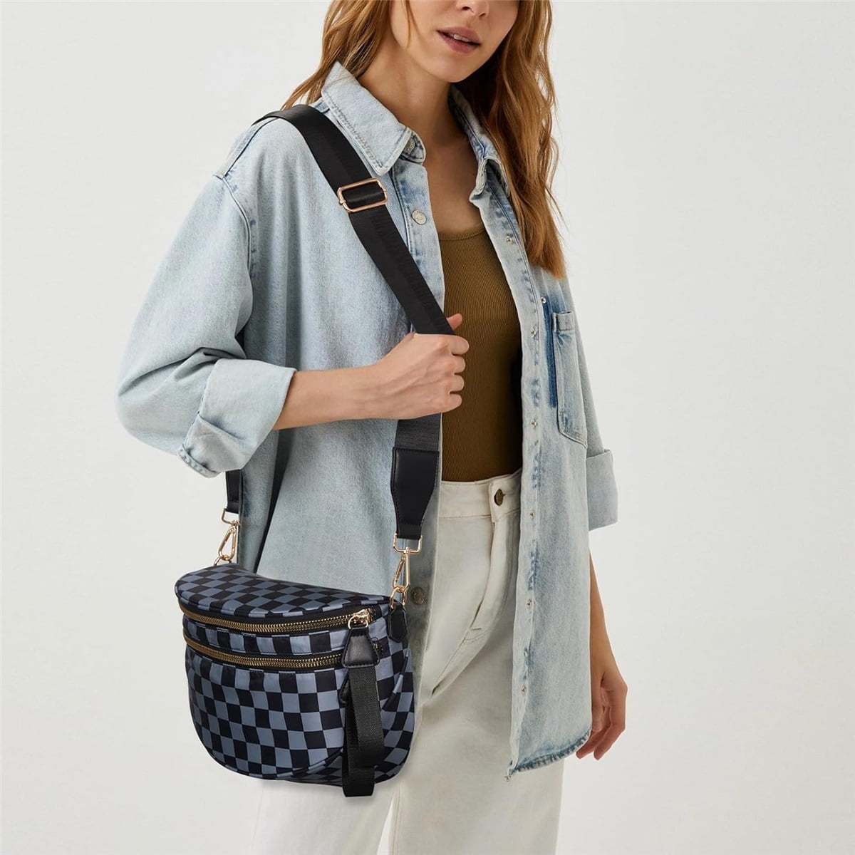 Luxury Checkered Crossbody Bag,Spacious Bum Bags for Women Nylon Crossbody Fanny Packs Checkered Purse Belt Wallet