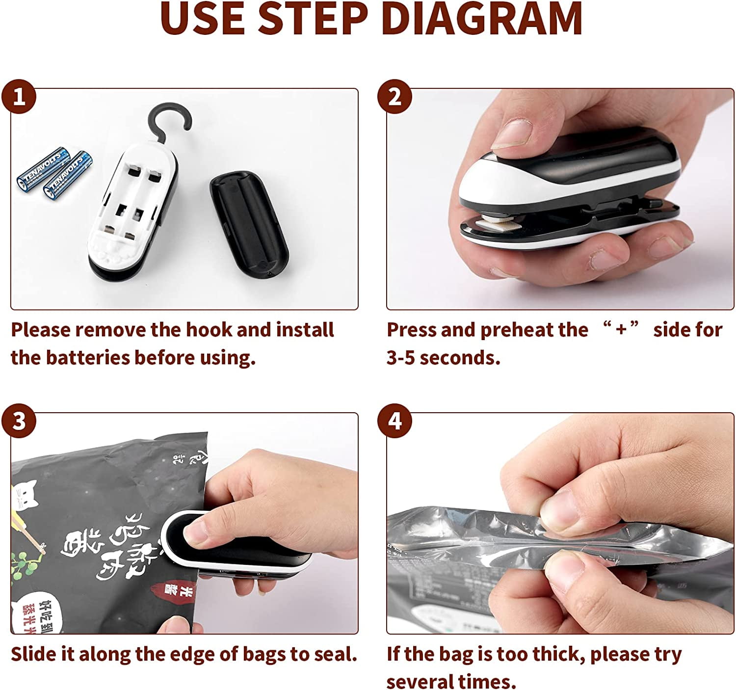 Mini Bag Sealer, 3 Packs Portable Heat Vacuum Sealers, Chip Sealer with Cutter 2 in 1 Food Resealer Handheld Hook for Plastic Bags Storage