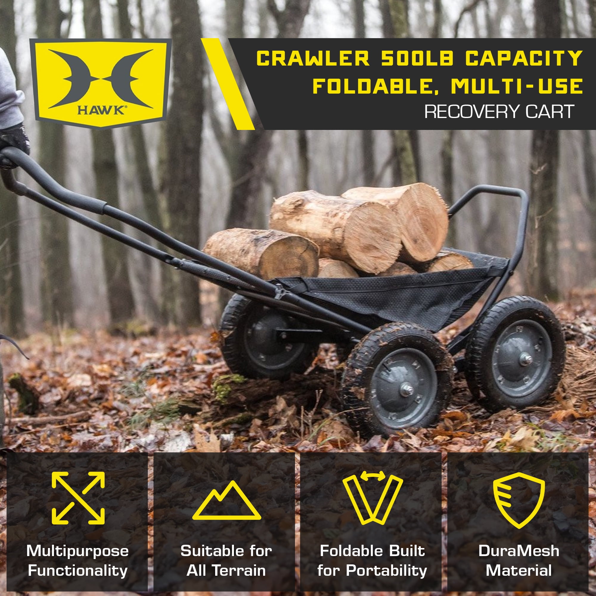 Hawk Crawler Multi-Use Folding Hunting Deer Cart - 500 lb Capacity - Black