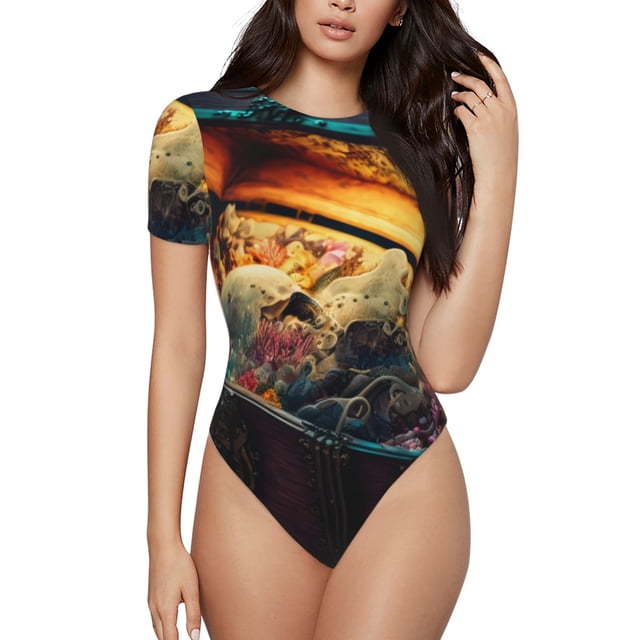 Balery Underwater Treasure Chest Body de cuello redondo de manga corta para mujer Tops de manga corta Tops básicos-Small