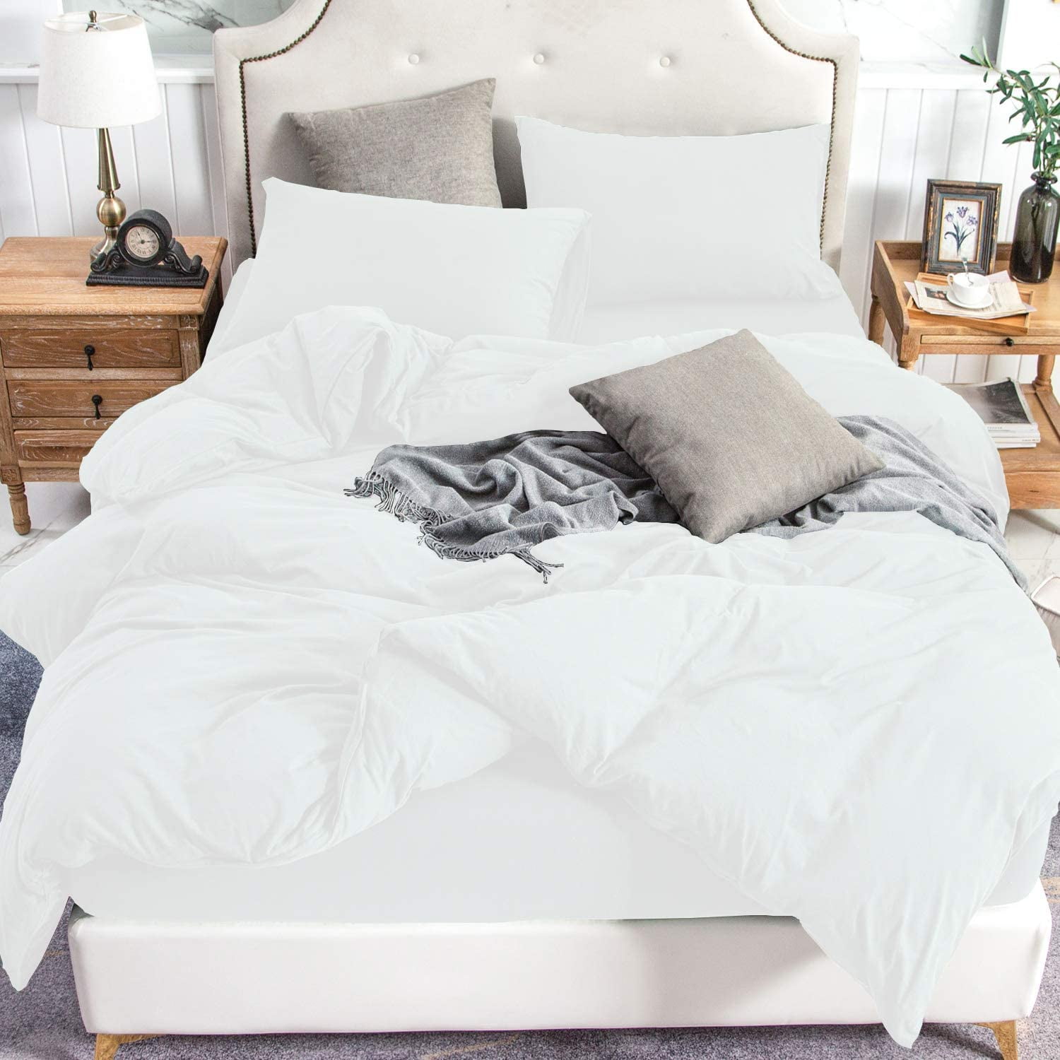PURE ERA Duvet Cover Set - Ultra Soft Heather Jersey Knit Cotton Home Bedding Solid White King 