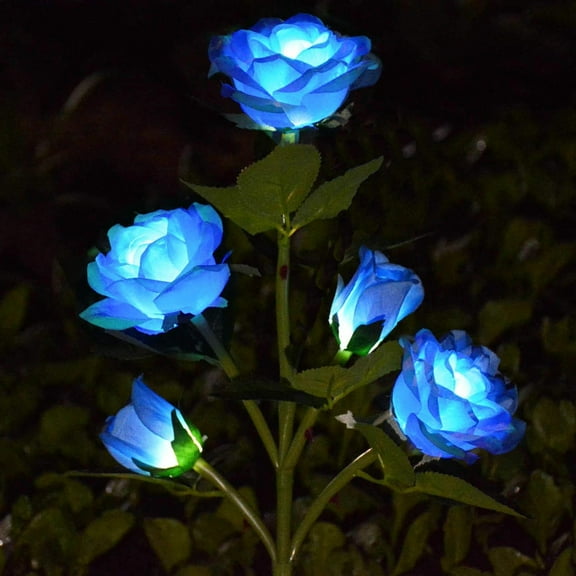[Upgraded 5 Flowers] Solar Lights Outdoor Garden Decor Rose Stake Lights, Waterproof Realistic Artificial Flowers for Outdoor Flower Bed Patio Yard Pathway Memorial Cemetery Grave Decorations, Blue