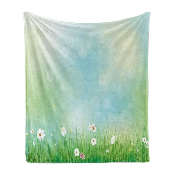 Flower Soft Flannel Fleece Throw Blanket, Fairy Spring Blooms on an Abstract Background Pattern with Digital Bursts Ovary, Cozy Plush for Indoor and Outdoor Use, 50" x 70", Green Blue, by Ambesonne