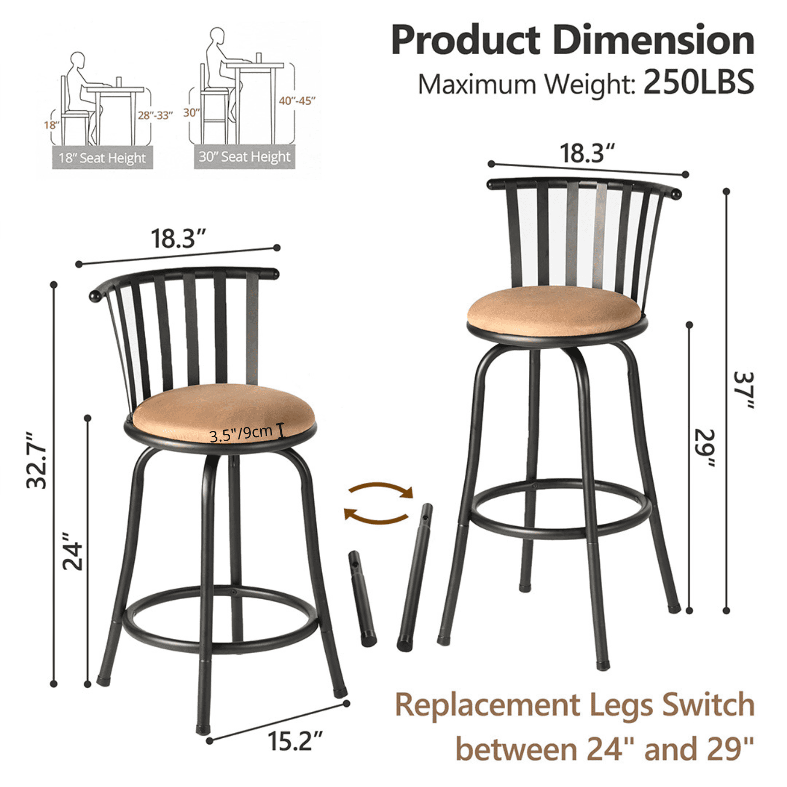 Homy Casa Single Pack Adjustable Height Pub Stool, Faux Suede Seat with Industrial Iron Frame