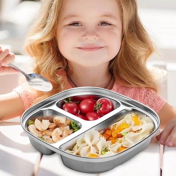 BPPEG 4-Compartment Stainless Steel Kids Plate with Lid for Toddler Meals and Snacks, Stackable and Dishwasher Safe Toddler Plate