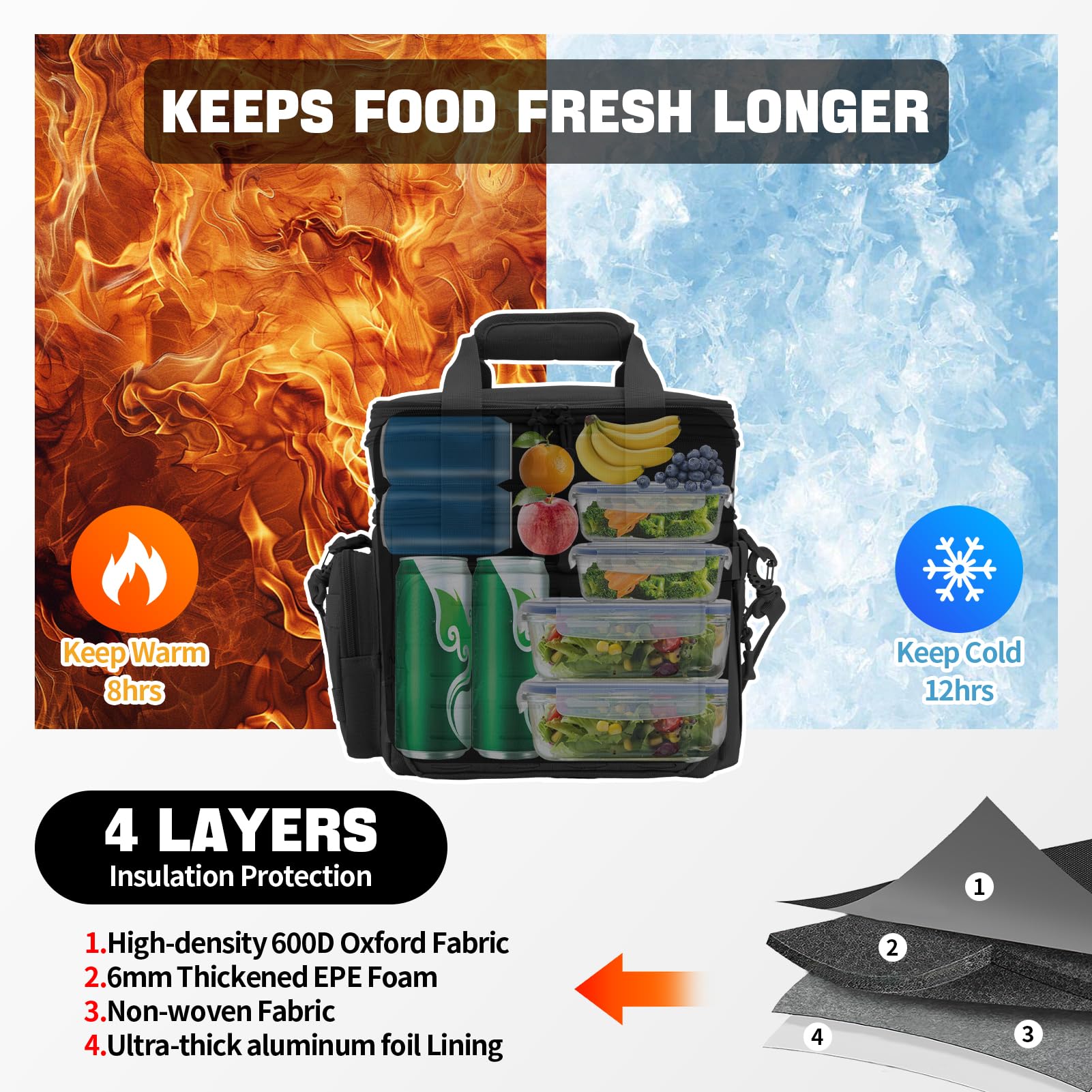Haadid Tactical Lunch Box for Men Expandable 18L Heavy Duty Military Insulated Cooler Bag, Leakproof Thermal Lunch Bag for Work Camping Outdoor Picnic Pail Adult Meal MOLLE Webbing Black