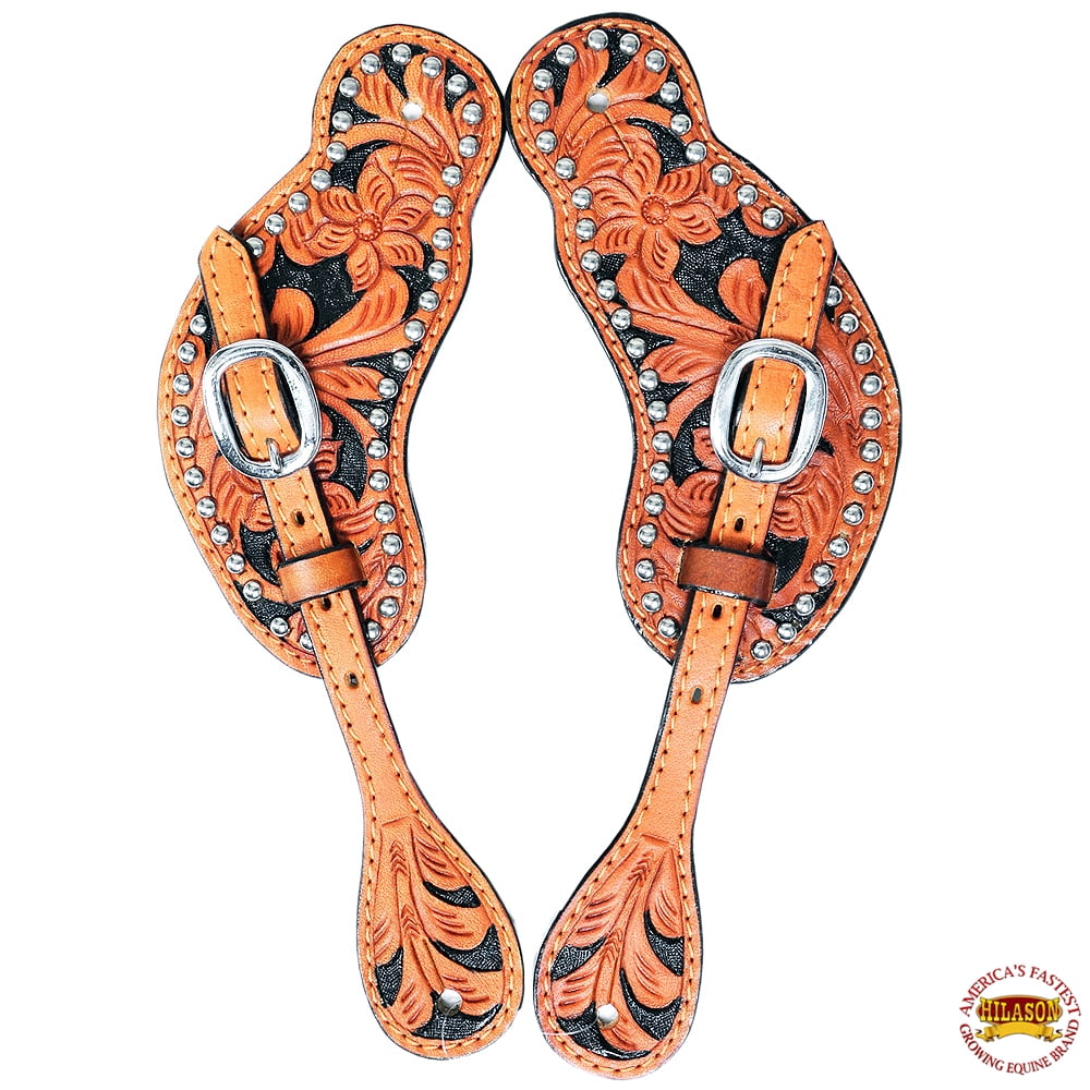 Men's Size Pair Of Floral Tooled Medium Oil Leather Western Spur Straps 
