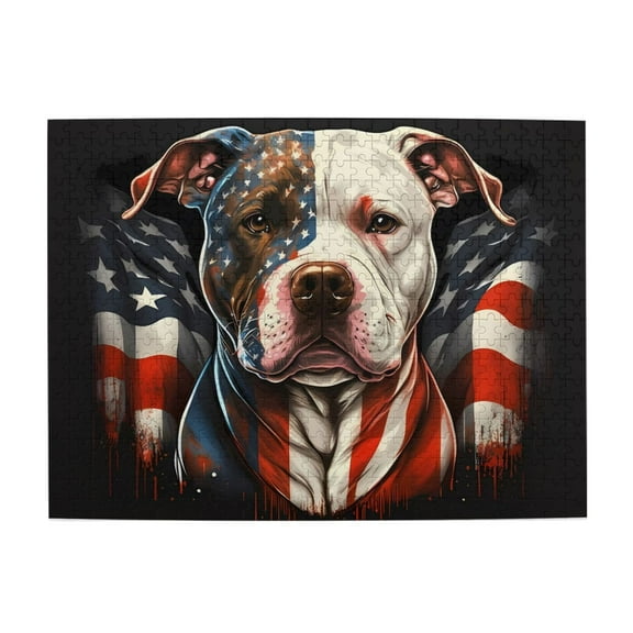 500-Piece Wooden Jigsaw Puzzle for Adults - American Flag Pitbull , Challenging Family Art Project, Unique Home Wall Decor Gift
