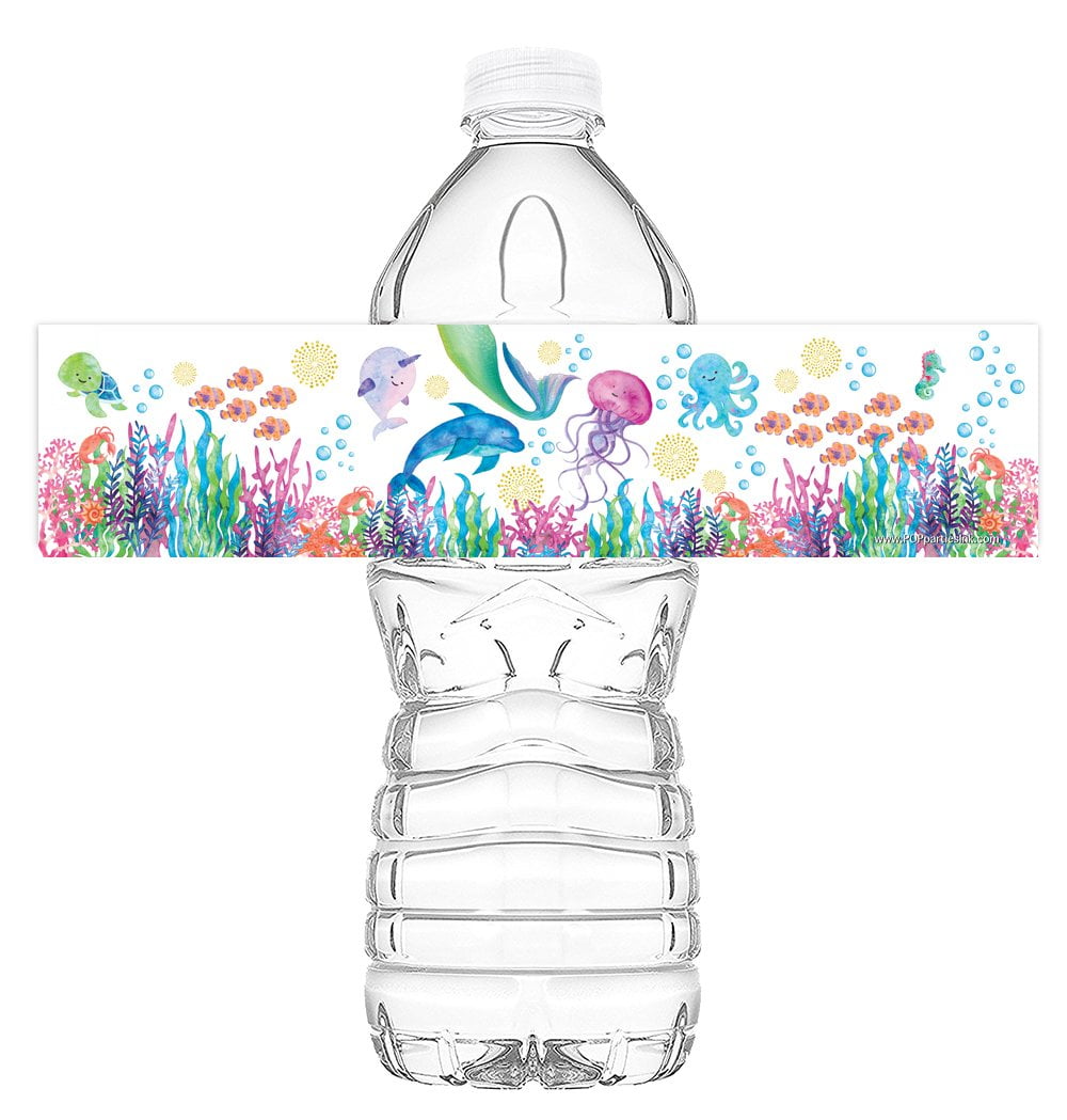 Mermaid Under the Sea Watercolor Bottle Wraps - 20 Under the Sea Water Bottle Labels - Mermaid Under the Sea Decorations - Pool Party Decorations - ...