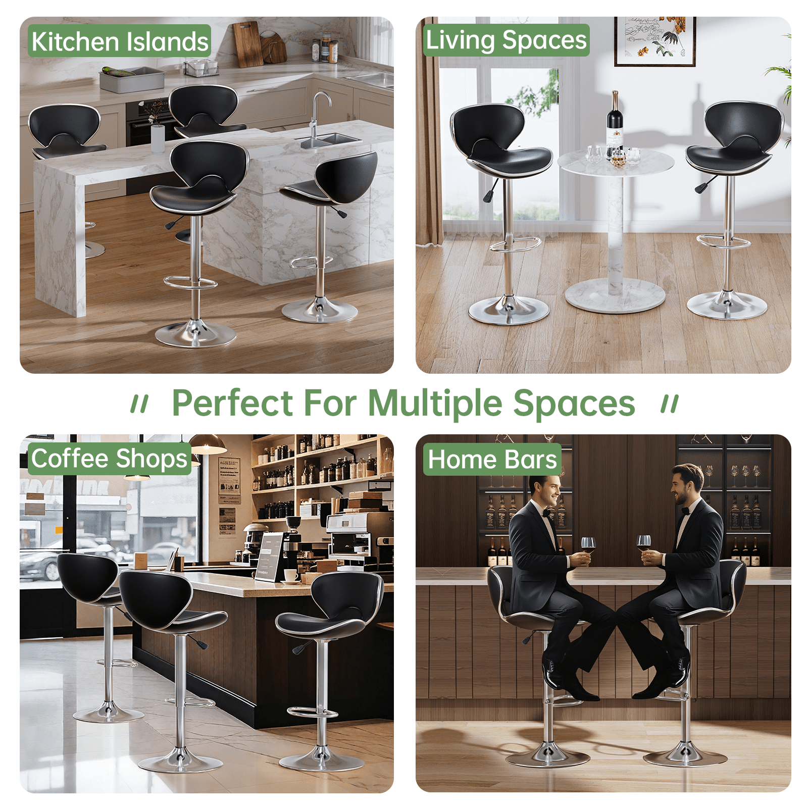 Bar Stools Set of 2, Adjustable Swivel Barstools, Modern PU Leather Counter Height Stools with Back and Footrest for Island, Dining, Bistro, Pub (Black/Silver Base)