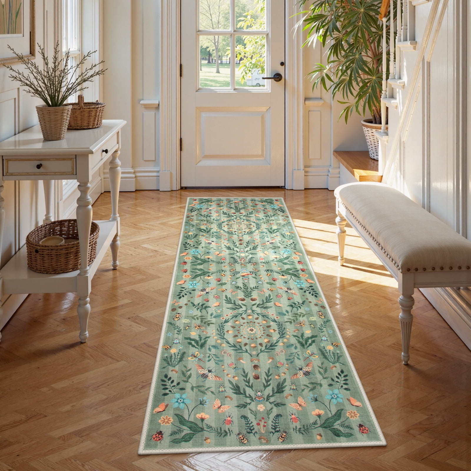 Wonnitar 2x6 Insect Kitchen Runner Rug, Ultra Thin Green Boho Floral Runners for Hallway, Soft Low Pile Washable Runner Rugs, Non Slip Rug Runner for Entryway Laundry