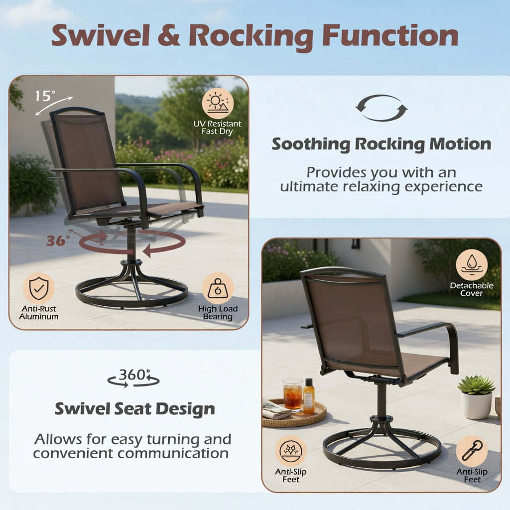 Hommoo 2-Piece Outdoor Swivel Chairs Set, High-Back Metal Patio Chairs with Breathable Mesh Seat, 360° Rotation & Gentle Rocking, Brown