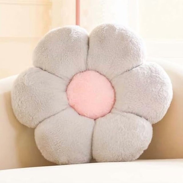 wonima44 Silver Decorative Throw Pillow with Faux Rabbit Fur, 14.9" Soft Plush Flower Shaped Floor Pillow for Bedroom Living Room