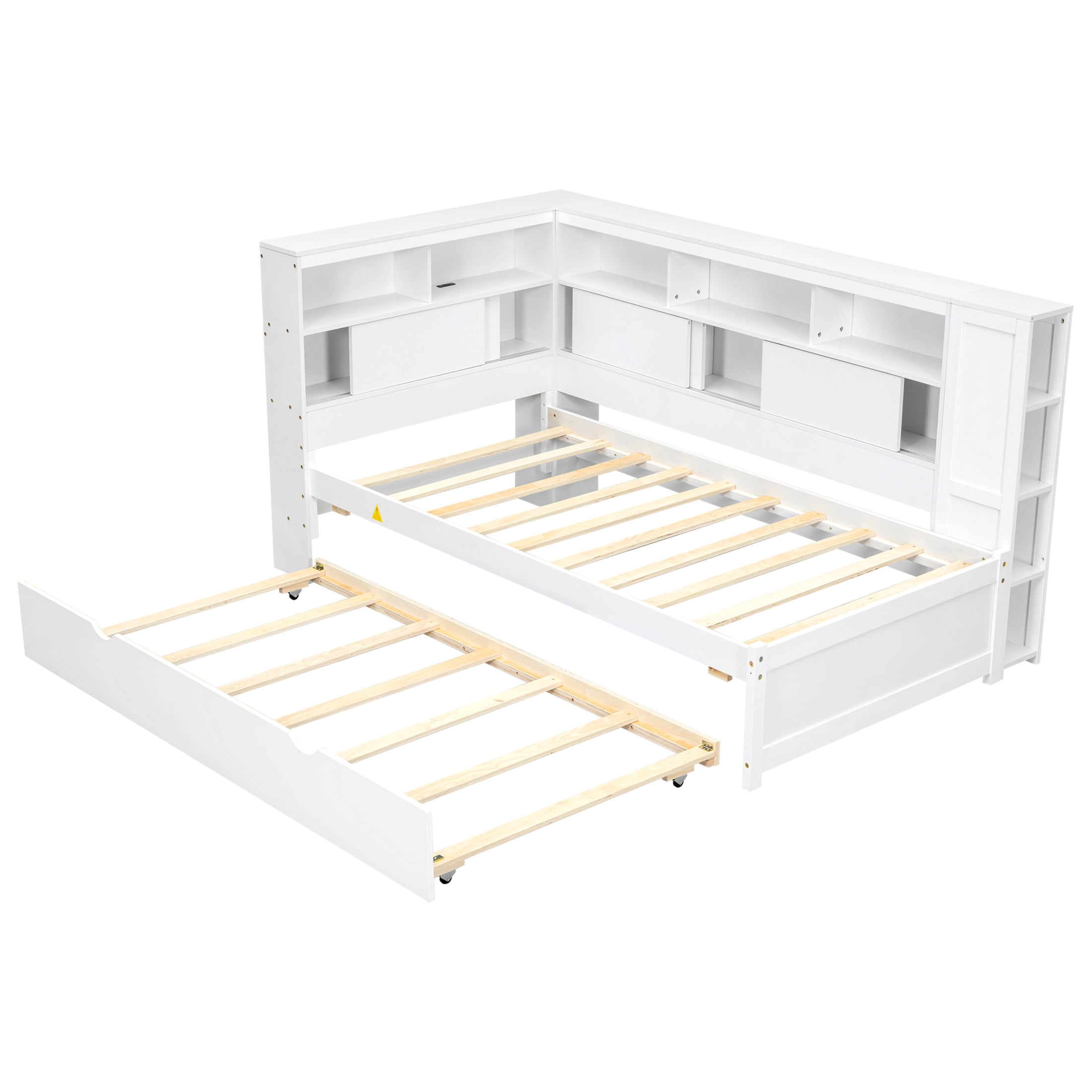 Noble House Ladd Twin Daybed with Storage Shelves and Twin Trundle, USB Charging Station, Pine Wood Frame, White