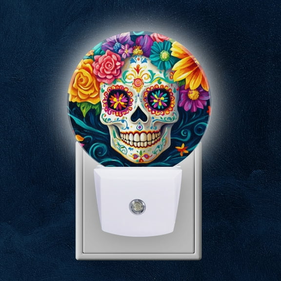 Night Light Plug into Wall,Dusk to Dawn Sensor Auto-On/Off for Bathroom, Hallway,Kids Room-Skull With Colorful Floral Designs