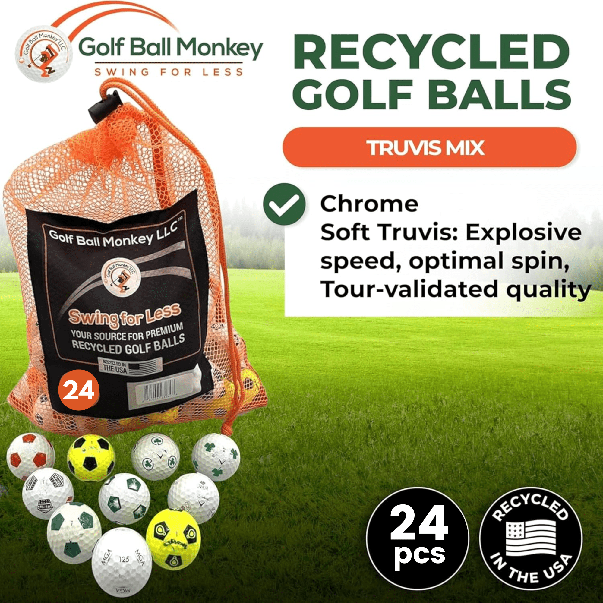 Golf Ball Monkey Cheap Recycled Golf Balls for Callaway Golf Balls Chrome Soft Truvis Soccer Golf Balls Multi-Colored Mix 24 in Good Condition- Includes Balls and Mesh Bag.