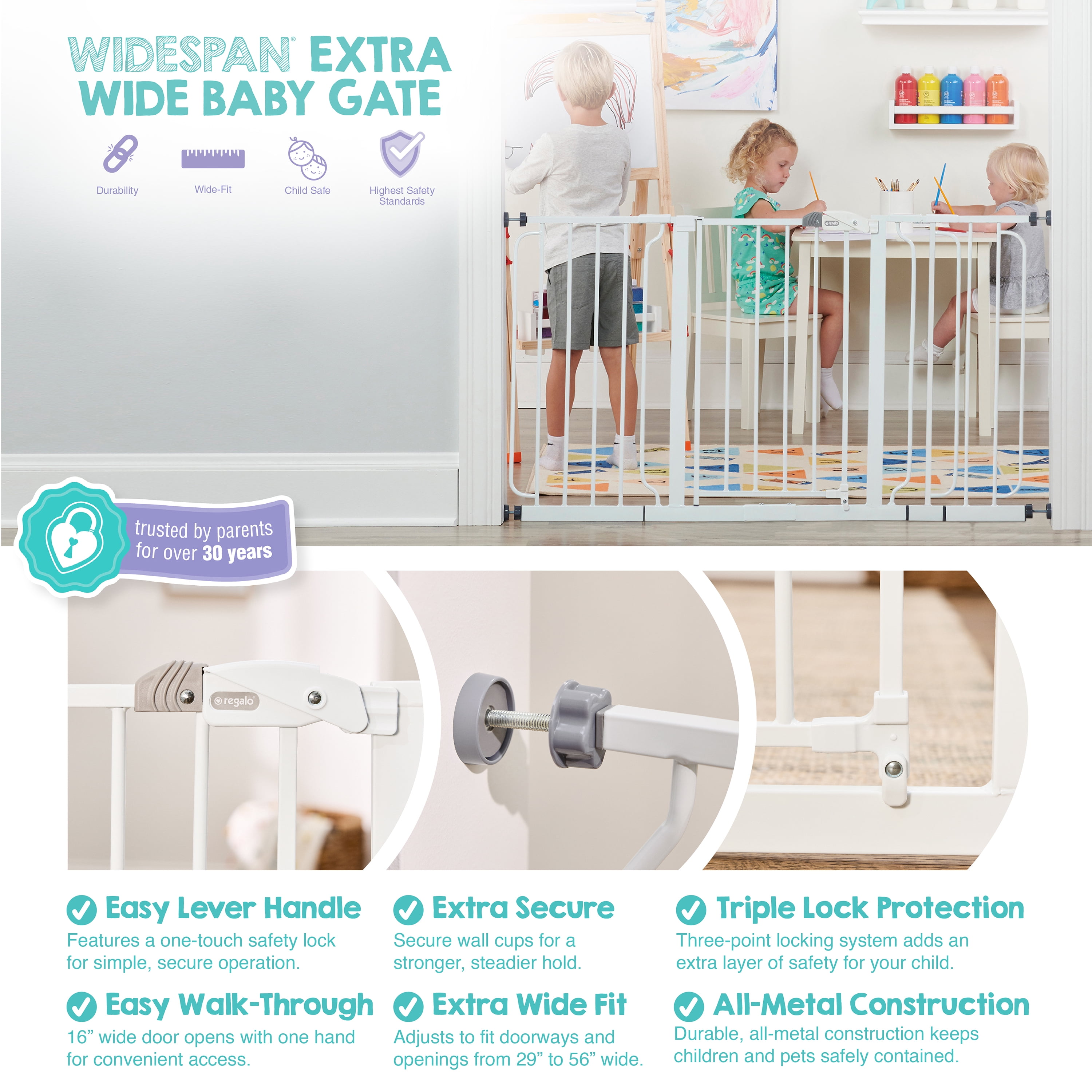 Regalo 56 Inch Extra Wide Walk-Through Baby Safety Gate, White