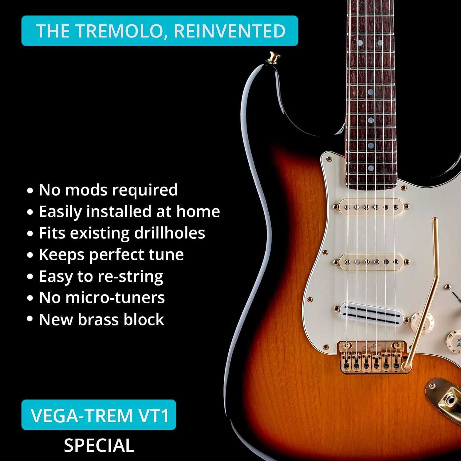 Vega-Trem VT1 Special Standard 6-Screw Stratocaster Guitar Tremolo Bridge For Strat No Mods Easy Installation Gold, Right
