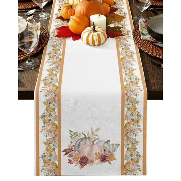 Table Runner Dresser Scarves 90 Inch Long, Thanksgiving Farm Watercolor Pumpkin Dahlia Fall Leaves Linen Dining Table Runners White Tabletop Scarf for Wedding Holiday Party Kitchen
