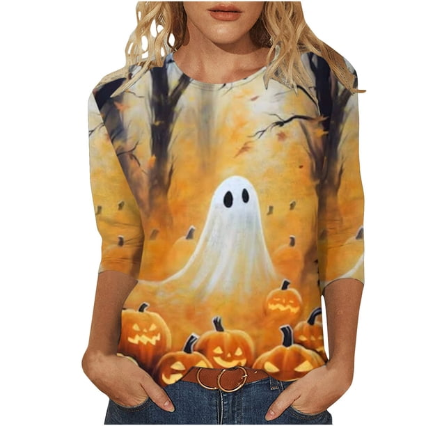 Camiseta gráfica de Halloween para mujer: camiseta informal de manga 3/4 con estampado de girasol y calabaza