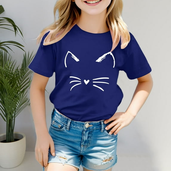 HNMKIU Adorable Cat Print Short Sleeve T-Shirt for Toddler Girls Comfortable Casual Top Dark Blue,6-7 Years