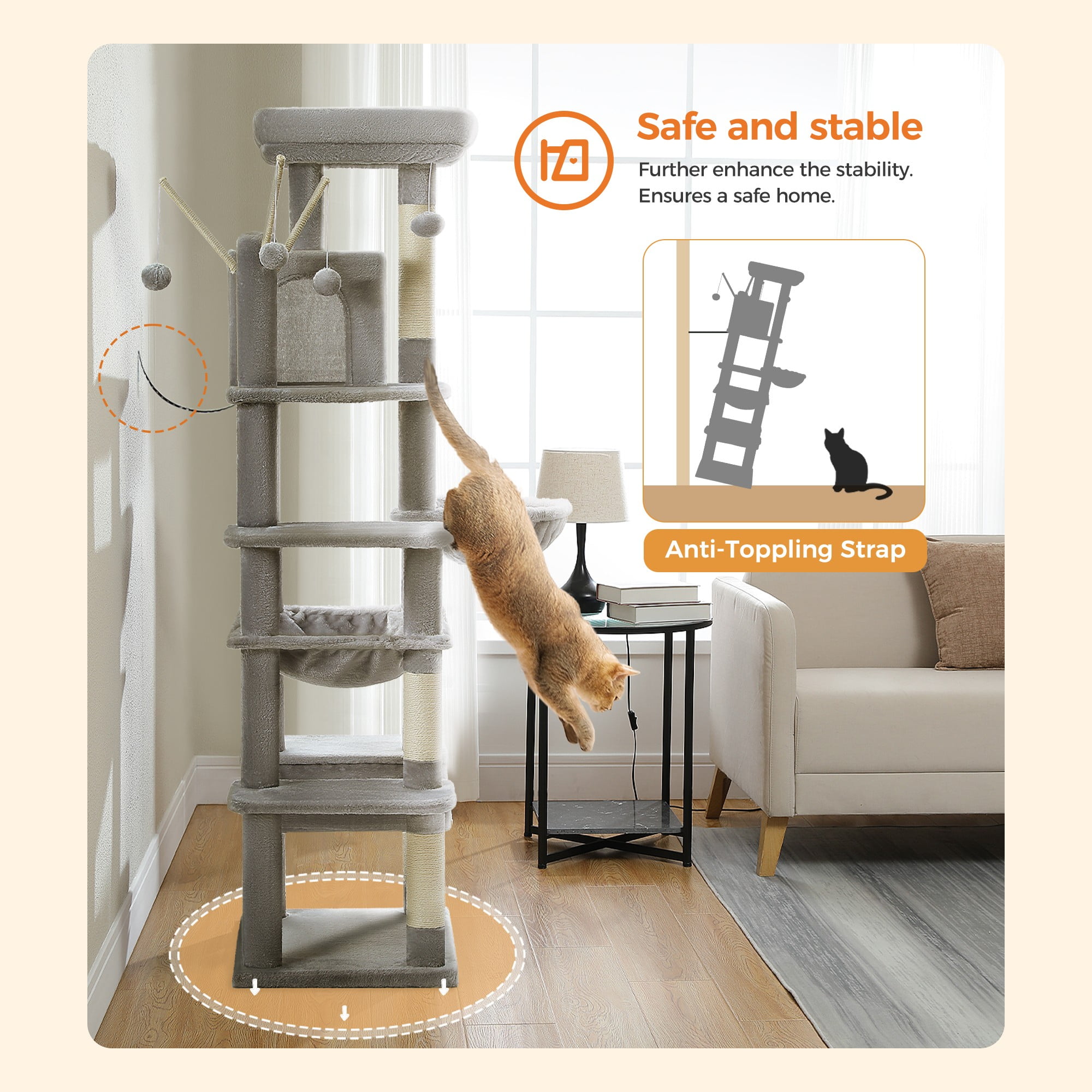 resenkos 70" Large Cat Tree Tower with Scratching Posts, Perches, Basket, Hammock, Multi-Level Plush Cat Condo for Indoor Cats, Gray