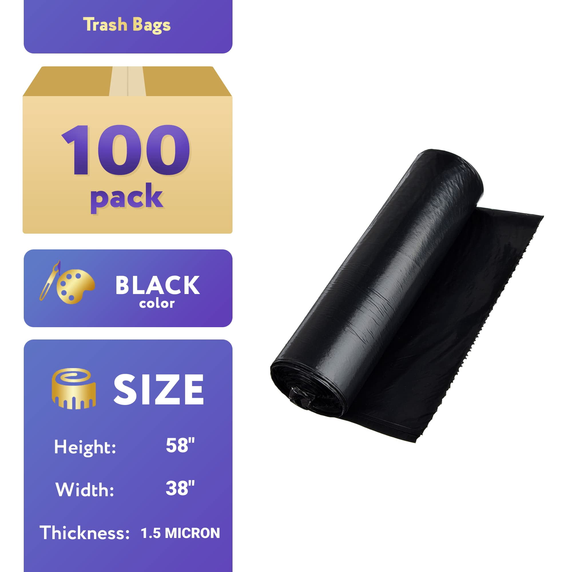 Black Outdoor Trash Bags, 1.5 Mil Leakproof Can Liners, 100 Count, 60 Gallon, 38 x 58 in