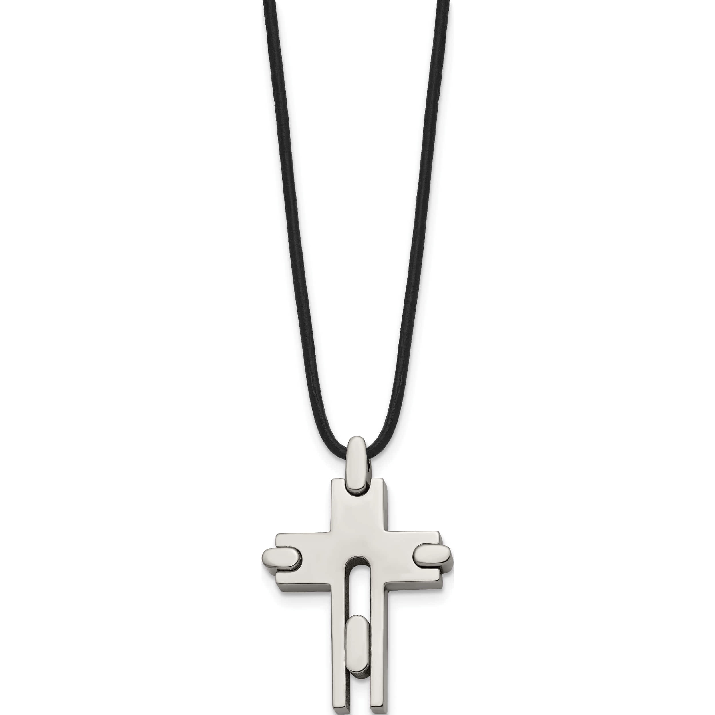 Titanium Polished Cross Leather Cord 18In Necklace (18 X 24) Made In China tbn106-18