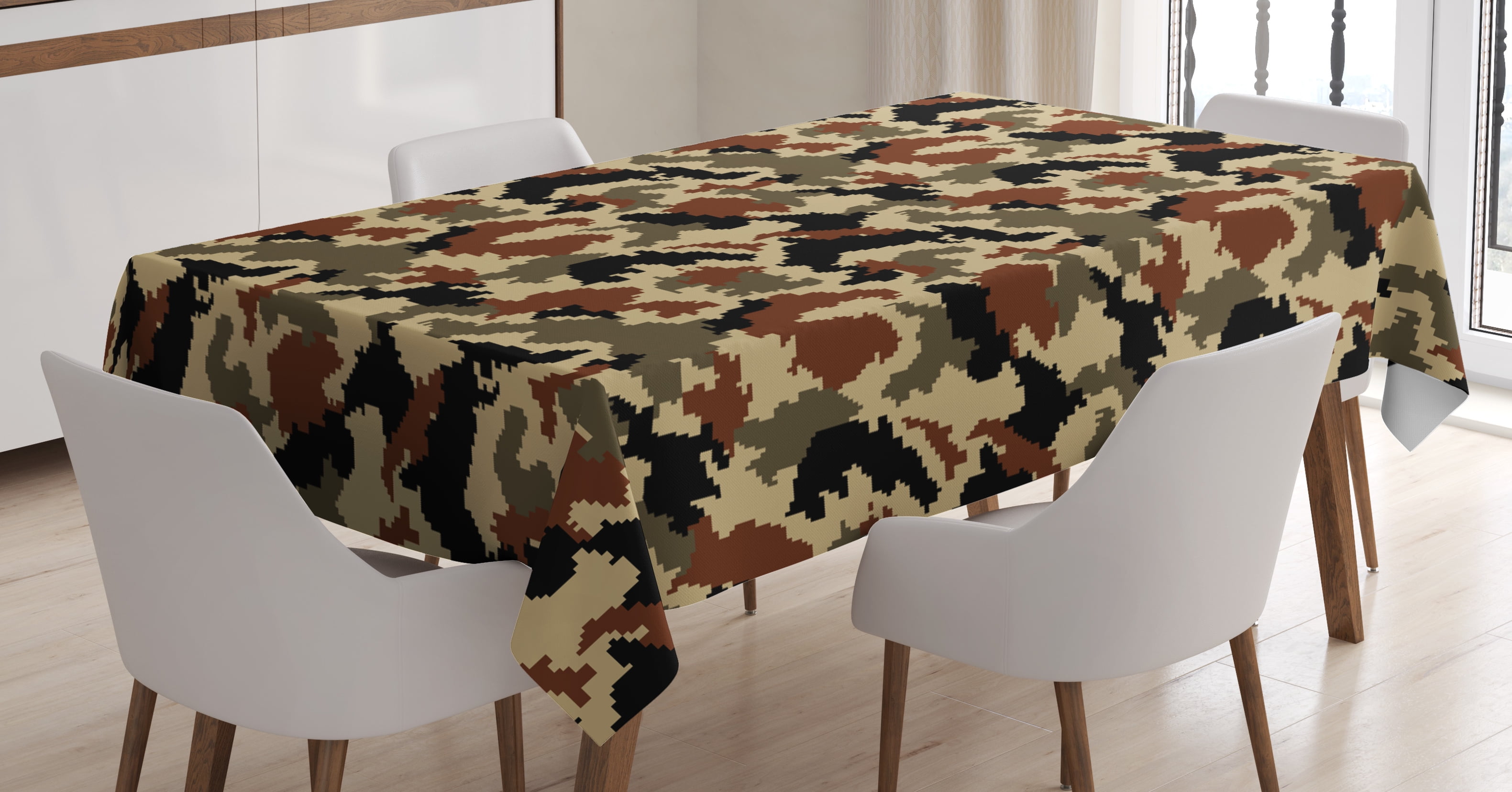 Camouflage Tablecloth, Pixel Art Style Military Blending in Environment