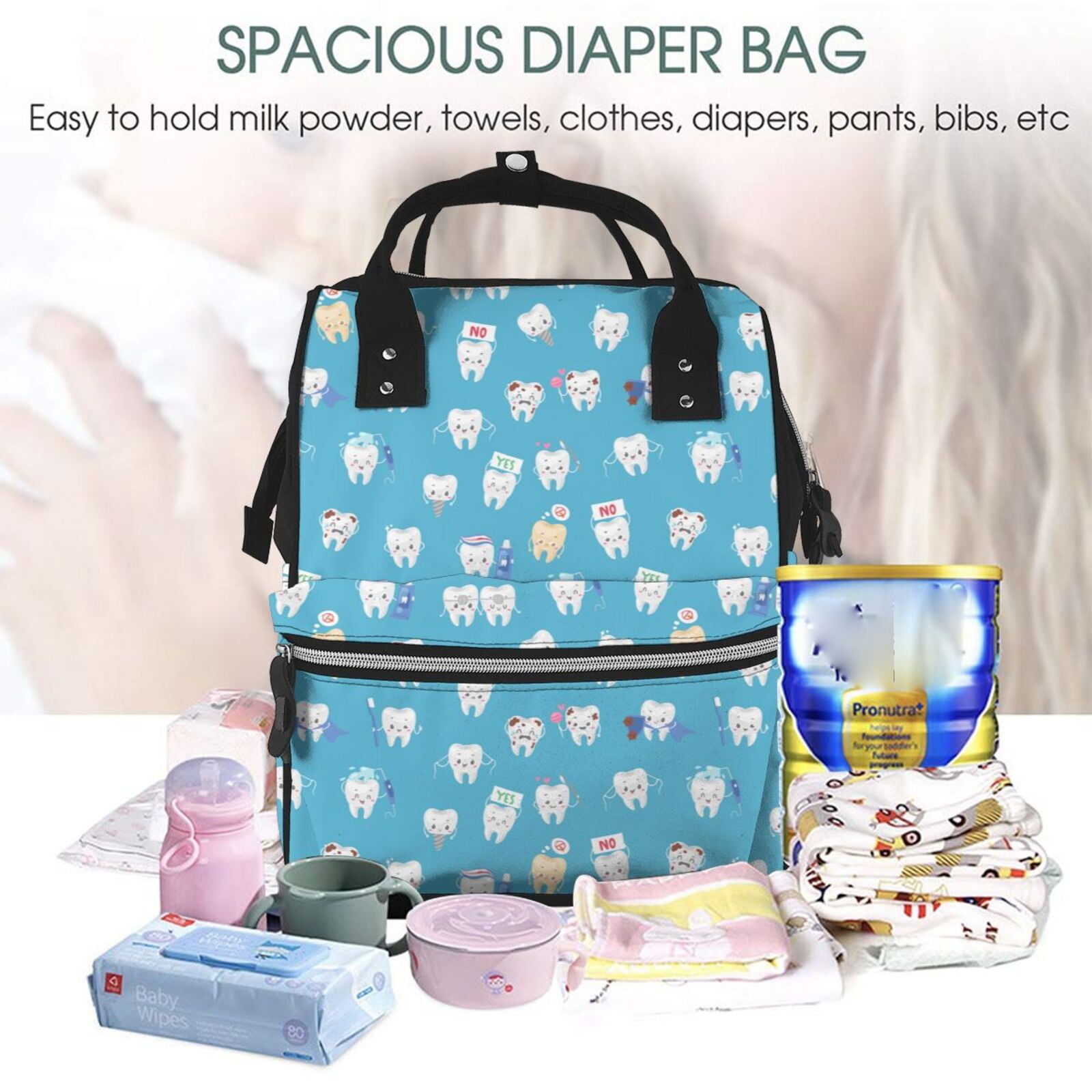 Ratiio Healthy And Ill White Teeth Mummy Backpack - Waterproof Twill Canvas, Large Capacity Diaper Bag with Multiple Pockets and Adjustable Straps