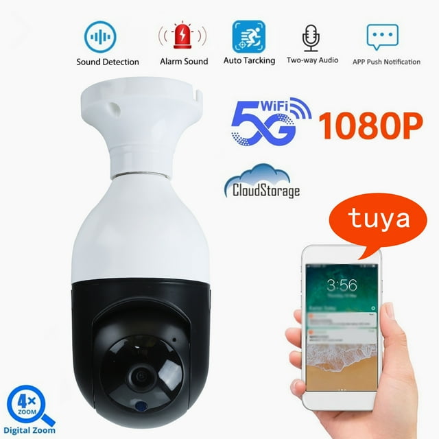 Cámara de seguridad con bombilla E27, 1080P, inalámbrica, 360 grados, con wifi 5G, detección de movimiento inteligente y video en blanco.