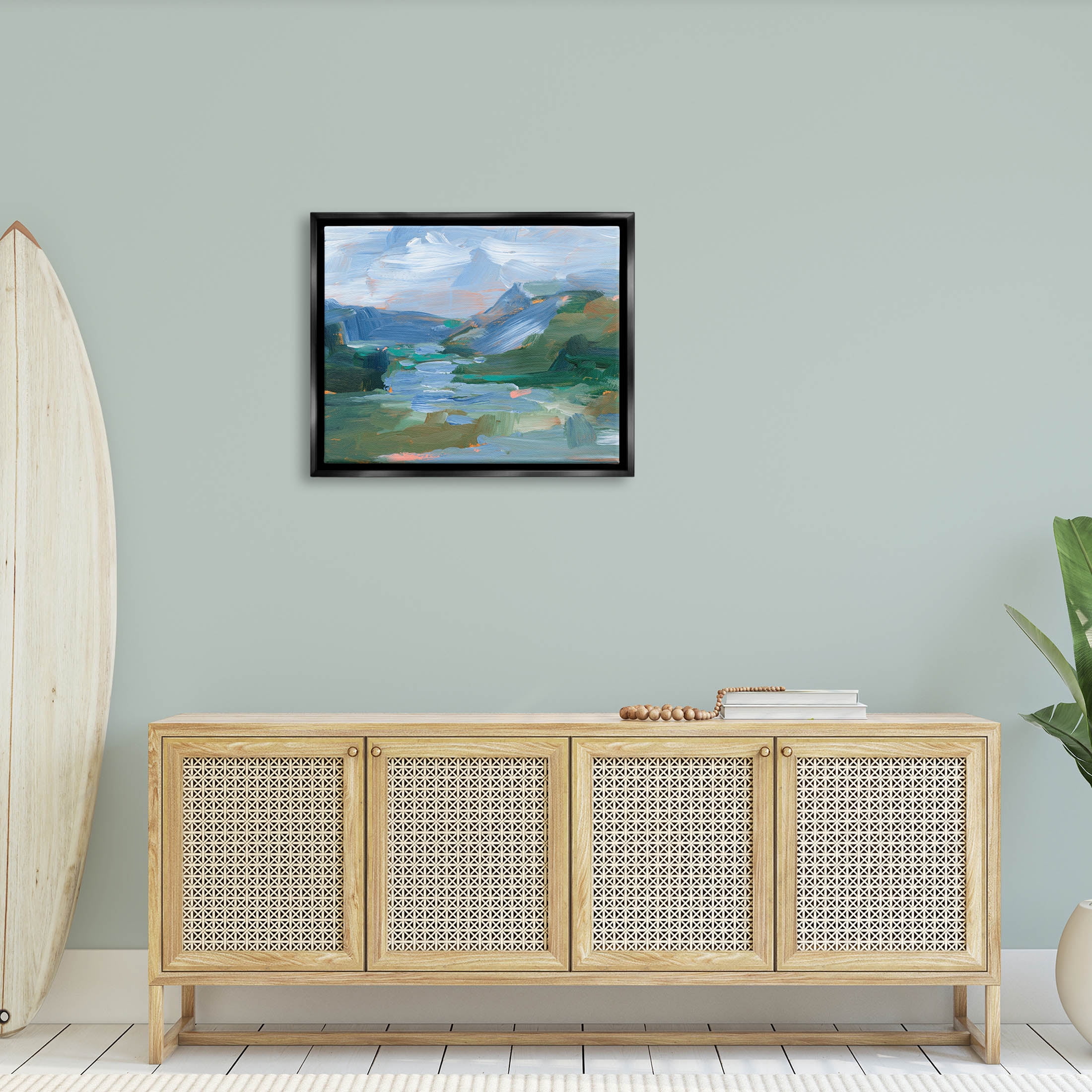 River Through Mountains Abstract Scene Landscape Painting Jet Black Framed Art Print Wall Art