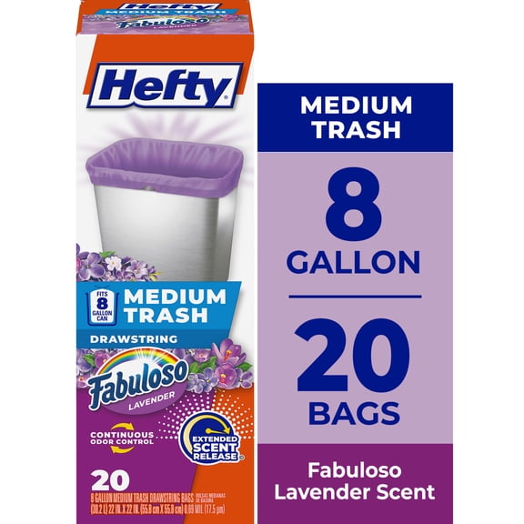 Hefty Medium Trash Bags, Purple, Fabuloso Lavender Scent, 8 Gallon, 20 Count